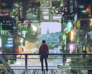 Personne de dos dans un monde futuriste