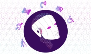 Visuel promotionnel avec un design central représentant l'IA et des pictogrammes autour du handicap