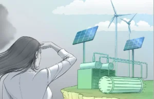 Illustration d'une femme regardant des éoliennes et panneaux solaires au loin