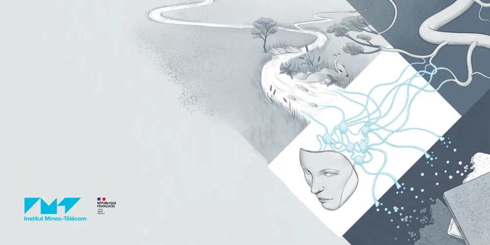 Montage visuel avec un visage stylisé connecté à des flux symbolisant des réseaux et un paysage naturel en arrière-plan