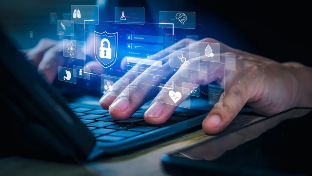 Mains tapant sur un clavier d’ordinateur avec des icônes numériques flottantes représentant des données sécurisées et des thèmes comme la santé et la science.