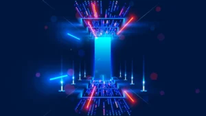 Illustration futuriste représentant un portail numérique lumineux avec des faisceaux bleus et rouges symbolisant la technologie et les données