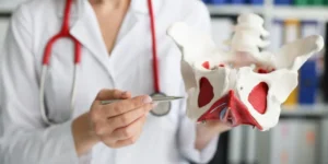 Médecin montrant une maquette du périnée