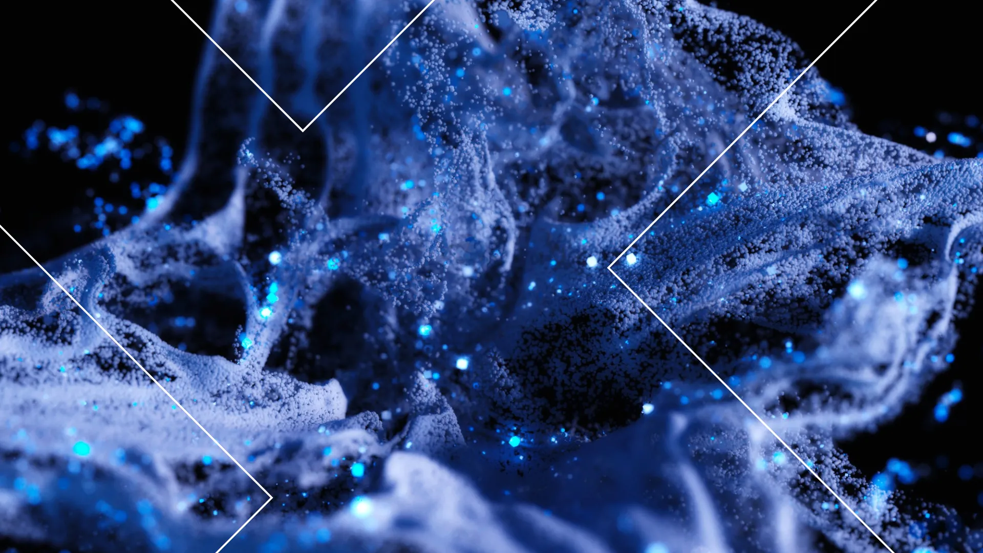 Abstraction visuelle de particules bleues lumineuses en mouvement sur fond sombre, évoquant un flux de données ou une matière en suspension, avec des lignes blanches géométriques suggérant une structure ou un cadre scientifique.