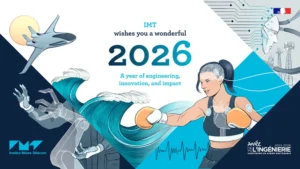 2026 greeting card from IMT illustrating engineering and innovation through technologies, a wave, and an augmented athlete.