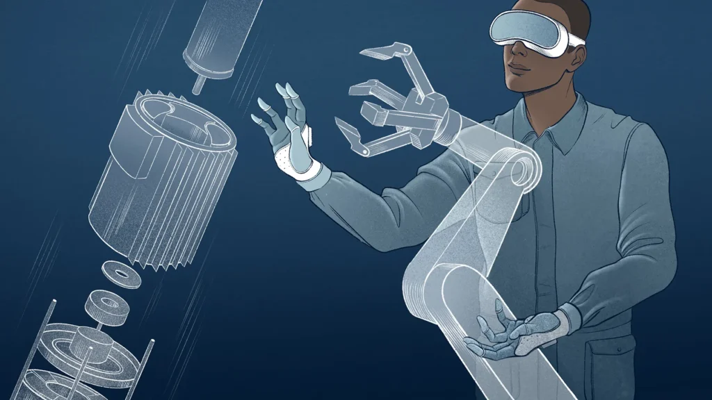 illustration d'un homme avec un casque VR et un bras robot