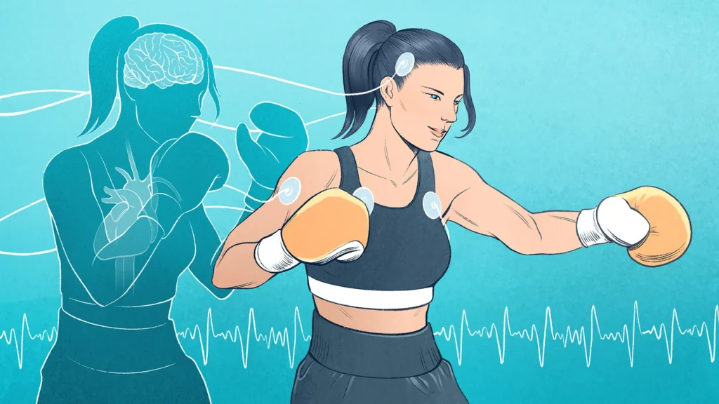 illustration d'une boxeuse avec capteurs et ligne de vie