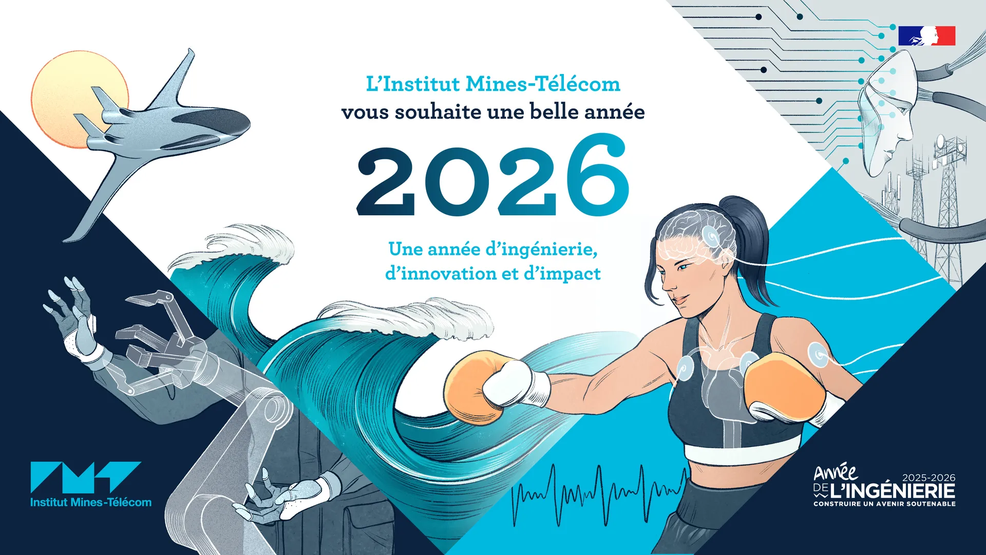 Carte de vœux 2026 de l’Institut Mines-Télécom illustrant l’ingénierie et l’innovation avec au centre, le texte « L’Institut Mines-Télécom vous souhaite une belle année 2026. Une année d’ingénierie, d’innovation et d’impact ». À gauche, un avion léger, une vague et un bras robotique symbolisent l’ingénierie et la technologie. À droite, une boxeuse augmentée de dispositifs numériques et un visage humain relié à des circuits illustrent l’innovation et l’intelligence artificielle.
